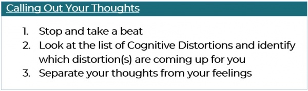 Coping with Unhelpful Thoughts - Calling Out Your Thoughts: 1. Stop and take a beat 2. Look at the list of Cognitive Distortions and identify which distortion(s) are coming up for you 3. Separate your thoughts from your feelings