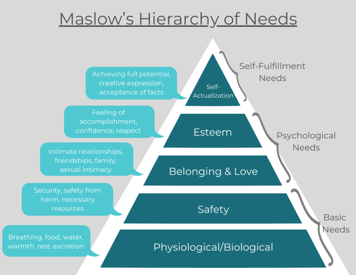 Maslow's Hierarchy of Needs Pyramid - Biological, Safety, Belonging/Love, Esteem, and Self-Actualization