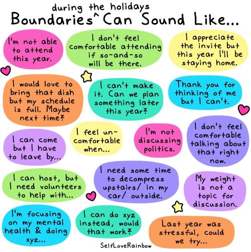 Holiday anxiety list of phrases for setting boundaries: I'm not able to attend this year. I don't feel comfortable attending if so-and-so will be there. I appreciate the invite but this year I'll be staying home .I would love to bring that dish but my schedule is full. Maybe next time? I can't make it. Can we plan something later this year? Thank you for thinking of me, but I can't. I can come but I have to leave by... I feel uncomfortable when... I'm not discussing politics. I don't feel comfortable talking about that right now. I can host, but I need volunteers to help with... I need some time to decompress upstairs/in my car/outside. My weight is not a topic for discussion. I'm focusing on my mental health and doing xyz... I can do xyz instead, would that work? Last year was stressful, could we try...
